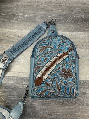 Montana West Embroidered Feather Crossbody Bag - Blue/Brown